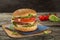 Tasty and appetising cheeseburger with tomato and green salad served on the wooden table