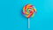 Tasty appetising party accessory sweet swirl candy lollypop on blue background top view. Generative AI