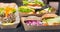 Tasty appetizing burgers with meat or fish, cheese and vegetable