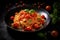 Tasty appetizing classic italian pasta on dark table