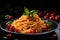 Tasty appetizing classic italian pasta on dark table