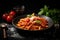 Tasty appetizing classic Italian pasta with a delicious tomato sauce, Classic italian pasta penne alla arrabiata with basil and