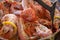 Tasty appetizing large shrimps in sauce with dill and lemon