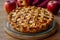 Tasty apple pie on kitchen table. Homemade autumn pie. Traditional american dish