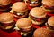 Tasty beef burgers cheeseburgers with vegetables and sauce on red background.Macro.AI Generative