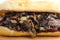 Tasty beef steak onion mushroom sandwich in a ciabatta