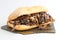 Tasty beef steak onion mushroom sandwich in a ciabatta