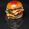 Tasty big beef burger with cutlet meat and tomato on a mirror black background