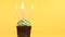 Tasty birthday cupcake with candle, on yellow