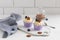 Tasty blueberry muffins with cream on white wooden table, Christmas dessert