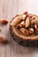 Tasty brasil nuts on wooden background. closeup