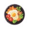 Tasty breakfast flat illustration. Dish with omelet, tomatoes, fried potatoes