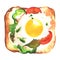 Tasty breakfast, sandwich, fried egg with vegetables, tomato, pepper on toast, isolated, top view, close-up, hand drawn