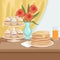 Tasty breakfast on wooden table. Plate with stack of pancakes, glass of fresh orange juice, stand with cupcakes, vase