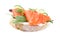 Tasty bruschetta with salmon, cucumbers and herbs on white background