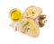 Tasty bruschettas with oil, garlic and olives on white background, top view