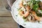 Tasty buckwheat noodles with shrimp on a plate