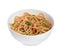 Tasty buckwheat noodles with shrimps in bowl isolated