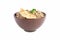 Tasty buckwheat porridge with meat isolated on whi