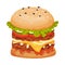 Tasty Burger, Bun with Sesame Seeds, Cucumber, Meat Cutlet, Tomato, Onion, Lettuce, Ketchup and Mustard Bottles Vector