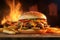 Tasty burger with french fries and fire