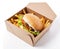 Tasty burger paper box with fries. Generate Ai