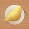 Tasty buttery croissant on plate and old wooden table. Vector flat illustration