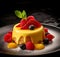 Tasty cake topped with berries and custard. Created with generative AI