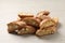 Tasty cantucci on white wooden table. Traditional Italian almond biscuits