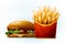 Tasty cartoon burger with sesame seeds with fresh french fries in red box