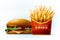 Tasty cartoon burger with sesame seeds with fresh french fries in red ribbon box