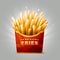 Tasty cartoon french fries in red box with ribbon