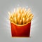 Tasty cartoon french fries in red box with stripe