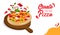 Tasty Cheese Pizza With Ingredients On Wooden Food Stand. Website Landing Page. Possibility Of Making Pizza With Own