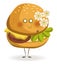 Tasty cheeseburger with adorable face holds small bouquet