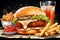 Tasty cheeseburger with fresh veggies and crispy fries, lemonade carton on dark background