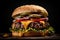 Tasty cheeseburger on wooden cutting board, large size hamburger with grilled meat, melting cheese and fresh vegtables, isolated