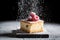 Tasty cheesecake with raspberries and powdered sugar