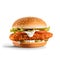 Tasty chicken burger with lettuce, sauce, cucumber and tomato on a white background