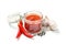 Tasty chili sauce in glass jar and ingredients isolated on background