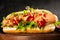 Tasty classic traditional american hot dog with sausages and ketchup on wooden board on dark background.