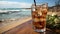 Tasty Cola in a glass with ice cubes on the beach near the sea or ocean, menu concept