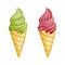 Tasty colorful ice cream. Collectionof soft ice-cream cones with different topping isolated on white background.