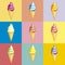Tasty colorful ice cream set. Collection ice-cream cones with different topping isolated on colorful background.