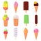 Tasty colorful ice cream set on white background. Collection ice-cream cones and popsicle. Soft, sweet frozen food on a