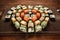 Tasty colorful set of japanese sushi rolls closeup