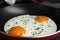 Tasty cooked eggs with herbs in frying pan