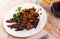 Tasty cooked fried liver pork with fried onion