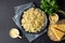 Tasty cooked italian farfalle pasta bow-tie or butterfly with cheese sauce.