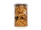 Tasty cornflakes with Almond and dried currants in plastic jar on white background.